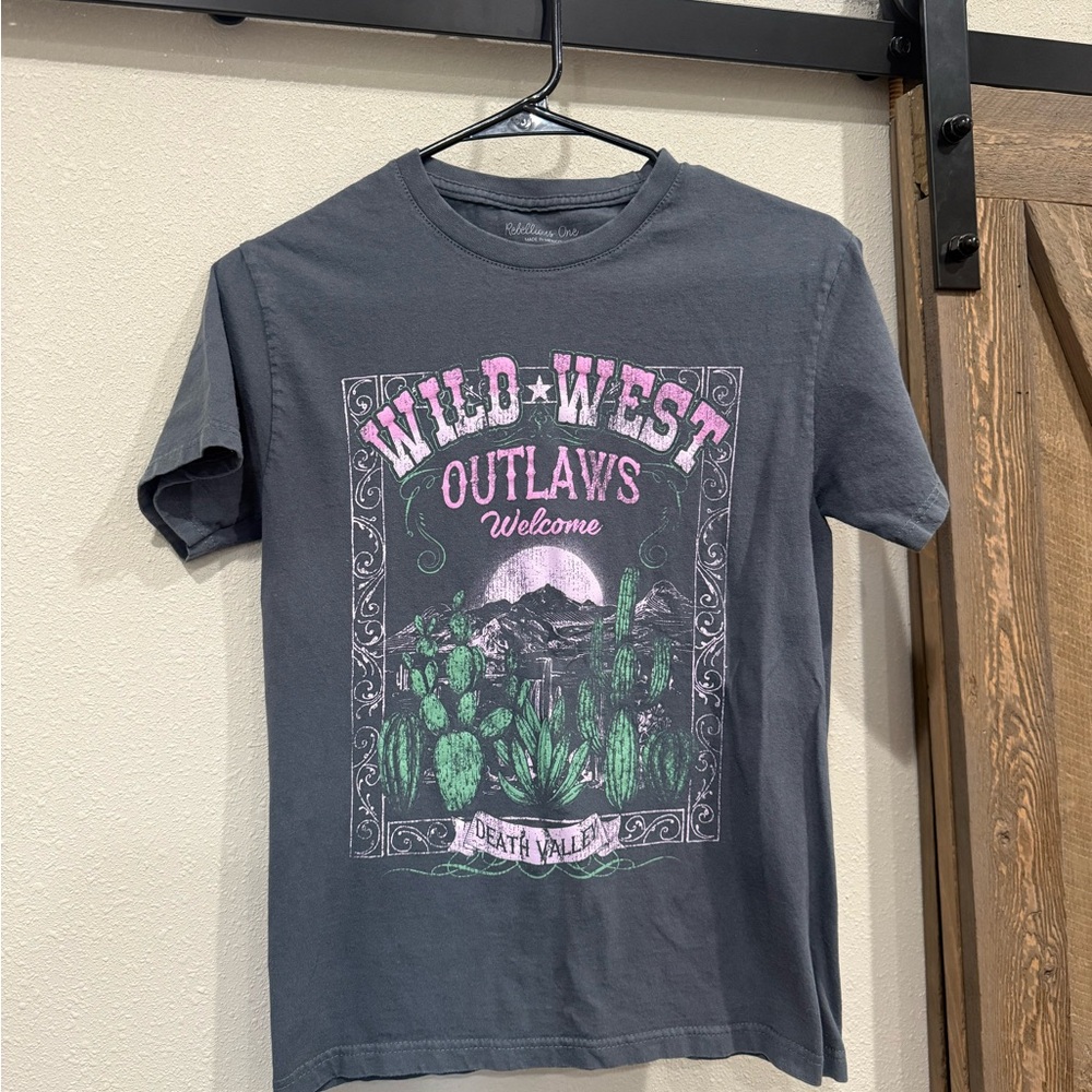 Rebellious One Charcoal Tee with Pink & Green Graphic